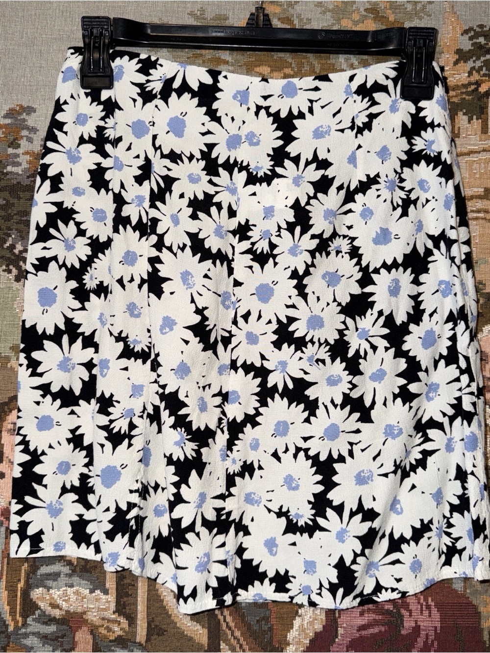 Women's Black & White Floral Circle Skirt with Light Blue Accents